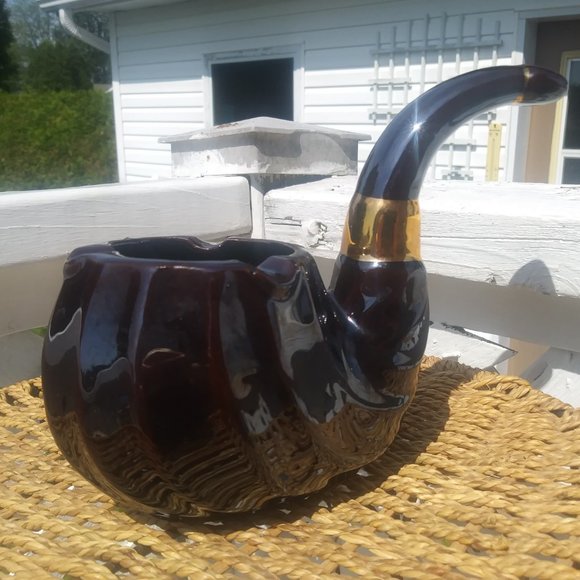 Vintage Brown Ceramic Pipe Shape Ashtray With Gold, Vintage Cigar Ashtray - Picture 2 of 6